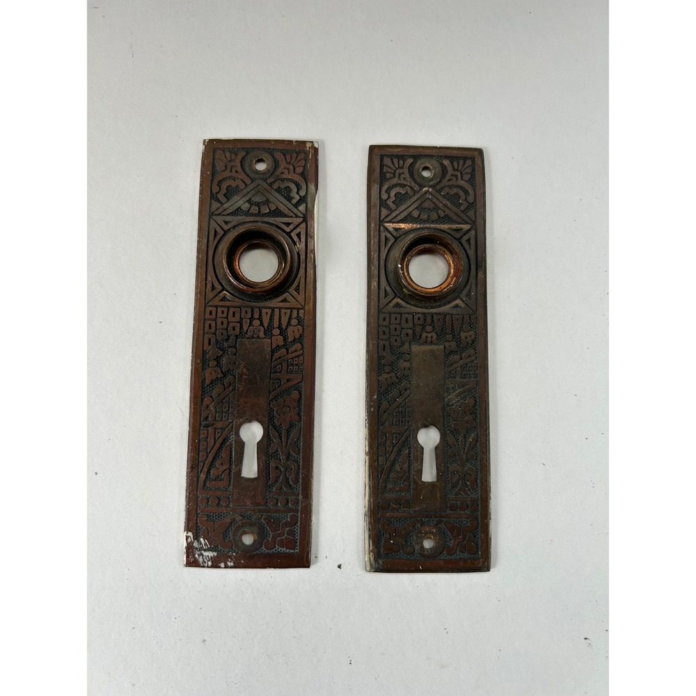 Antique Eastlake Victorian Copper Plated Steel Door Escutcheon Plates Set of 2